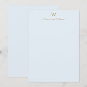 Moderne Lichte Stofblauwe Gouden Script Monogram Notitiekaartje (Voorkant / Achterkant)