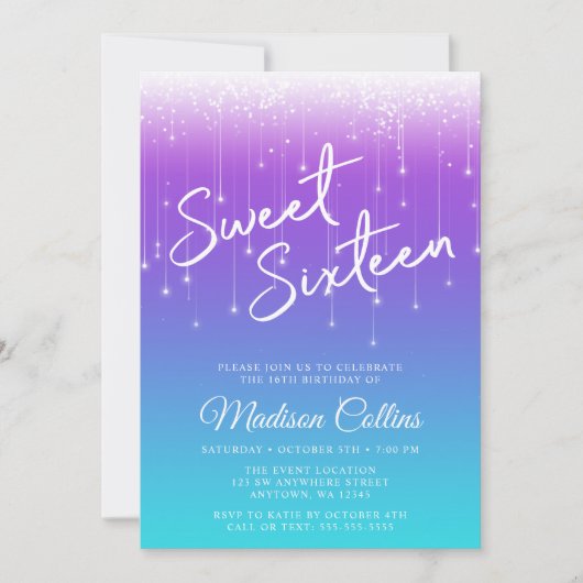 Moderne Lichten Paarse Blauwgroen Sweet 16 Kaart (Voorkant)