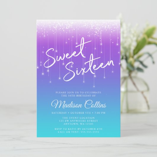 Moderne Lichten Paarse Blauwgroen Sweet 16 Kaart (Staand voorkant)