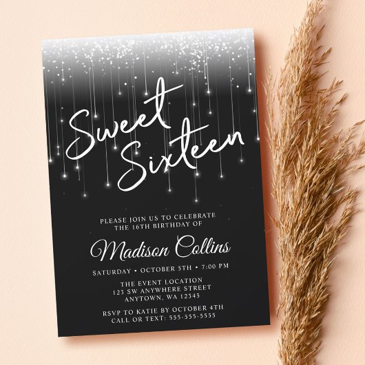 Moderne lichten zwart-wit Sweet 16 Kaart