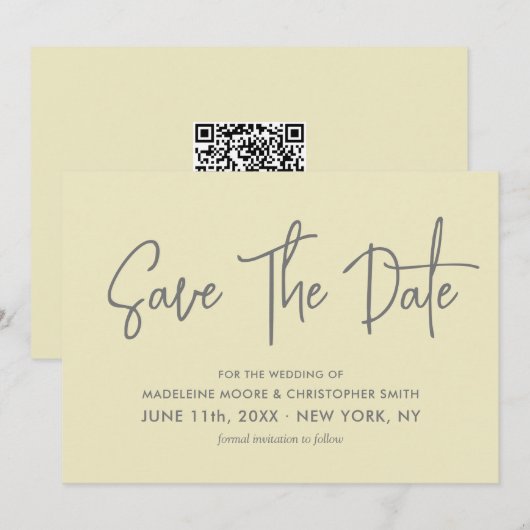 Moderne lichtgele kalligrafie Scannable QR-code Save The Date (Voorkant / Achterkant)