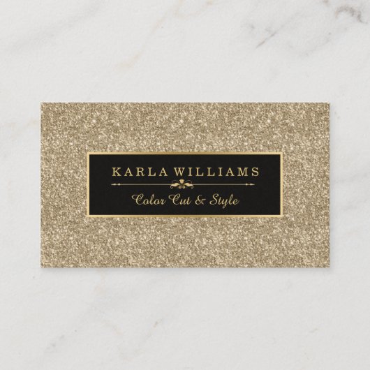 Moderne lichtgouden glitter textuur zwart accent visitekaartje (Voorkant)