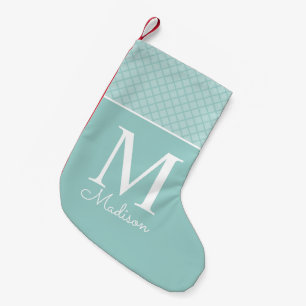 Moderne lichtgroene geruite patroon naam monogram kleine kerstsok