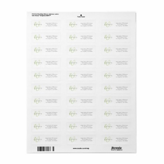 Moderne lichtgroene script monogram etiket (Full Sheet)