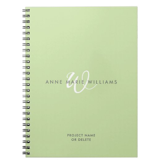 Moderne Lichtgroene Witte Script Monogram Notitieboek (Voorkant)