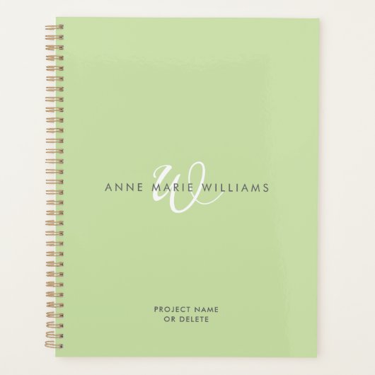 Moderne lichtgroene witte script monogram planner (Voorkant)