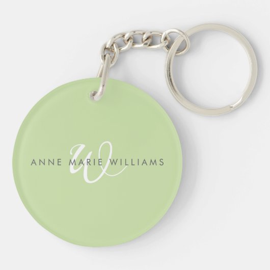 Moderne Lichtgroene Witte Script Monogram Sleutelhanger (Achterkant)