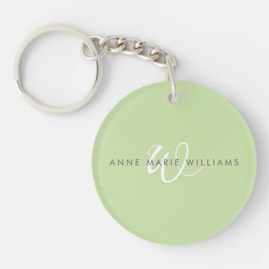 Moderne Lichtgroene Witte Script Monogram Sleutelhanger (Voorkant)