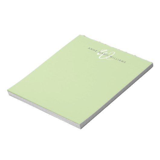 Moderne lichtgroene witte scriptmonogram notitieblok (Linkerzijde)