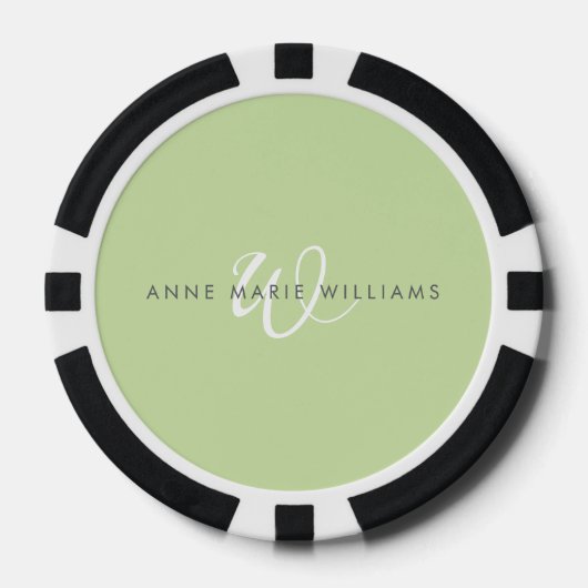 Moderne lichtgroene witte scriptmonogram poker chips (Voorkant)