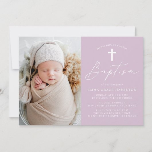 Moderne lichtpaarse fotodoop in script kaart (Voorkant)