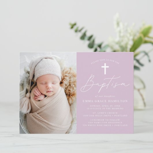 Moderne lichtpaarse fotodoop in script kaart (Staand voorkant)