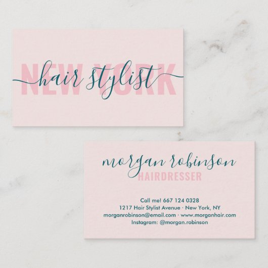 Moderne lichtroze haarstylist script visitekaartje (Voorkant / Achterkant)