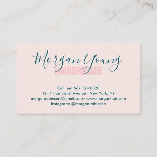 Moderne lichtroze haarstylist script visitekaartje (Achterkant)