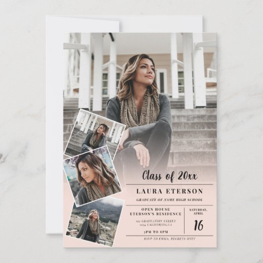 Moderne lichtroze minimalistische foto-afstuderen kaart (Voorkant)