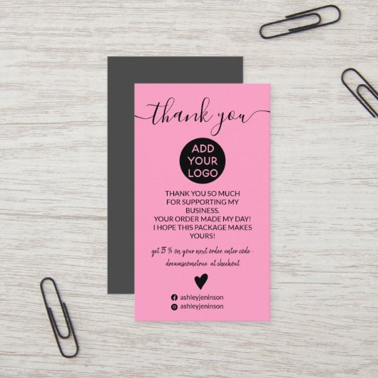 Moderne, lichtroze roze order bedankt visitekaartje (Voorkant / Achterkant in situ)
