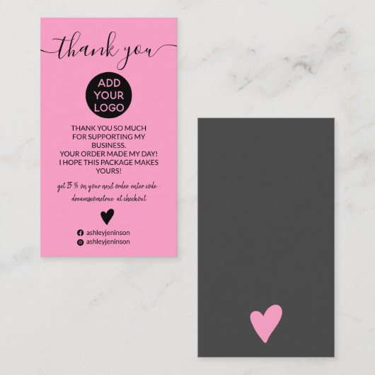 Moderne, lichtroze roze order bedankt visitekaartje (Voorkant / Achterkant)