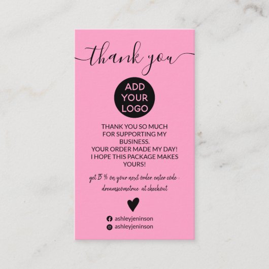 Moderne, lichtroze roze order bedankt visitekaartje (Voorkant)