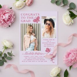 Moderne Lichtroze Vlinder Foto Graduation Party Acryl Uitnodigingen