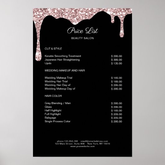Moderne lichtroze zwarte glitters prijslijst poste poster (Voorkant)
