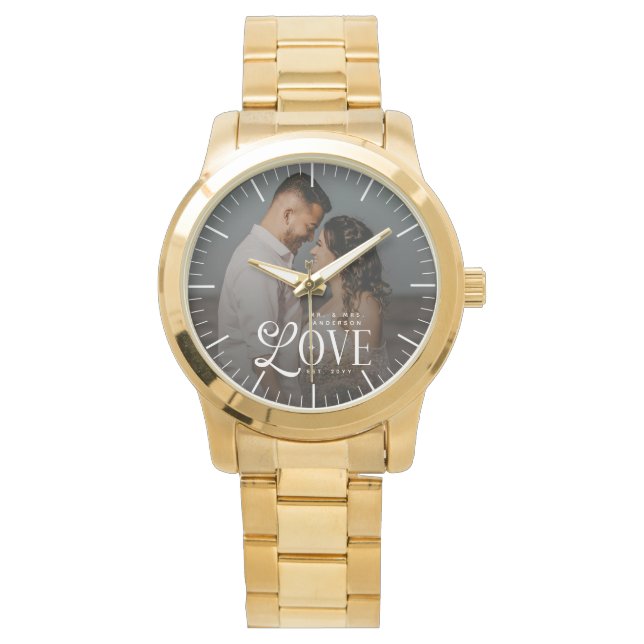 Moderne Liefde Aangepaste Naam Jaar Foto Koppels T Horloge (Voorkant)