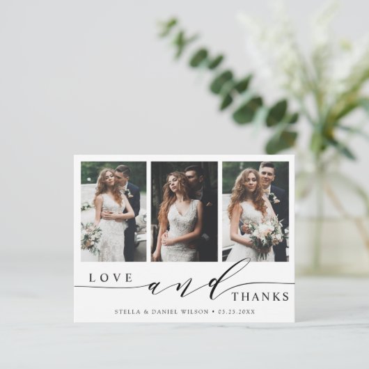 Moderne liefde en Bedankt 3 Fotobruiloft Dank je Briefkaart (Staand voorkant)