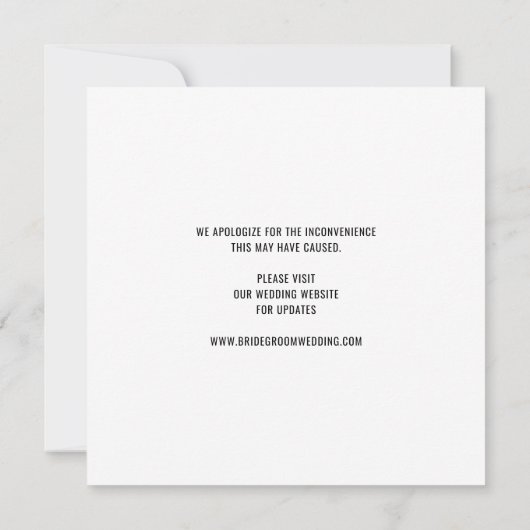 Moderne Liefde is Besmettelijk Bruiloft Uitgesteld Aankondiging (Achterkant)