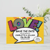Moderne liefde leuk stripboek bruiloft save the date (Staand voorkant)