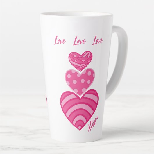 Moderne liefde Mok, 3 roze harten Latte Mok (Rechterhoek)
