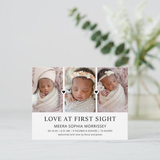 Moderne liefde op eerste avond Fotocollage geboort Aankondigingskaart (Staand voorkant)