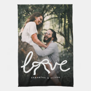 Moderne Liefde Pijl Typografie Koppel Aangepaste F Theedoek