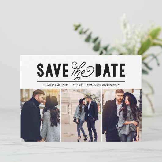 Moderne liefde sparen de Datum Foto Collage Save The Date (Staand voorkant)