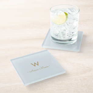 Moderne Light Dusty Blue Gold Script-monogram Glazen Onderzetter
