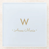 Moderne Light Dusty Blue Gold Script-monogram Glazen Onderzetter (Voorkant)