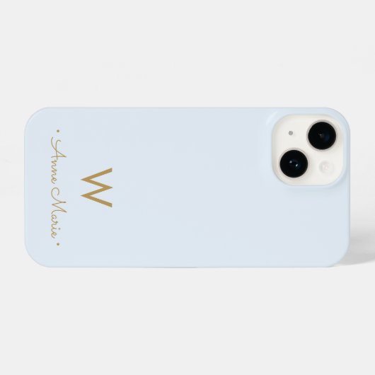 Moderne Light Dusty Blue Gold Script-monogram iPhone Hoesje (Achterkant horizontaal)