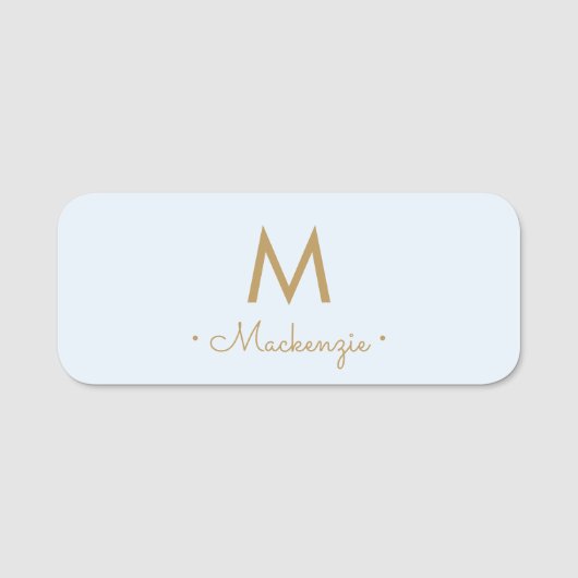 Moderne Light Dusty Blue Gold Script-monogram Naamplaatje (Voorkant)