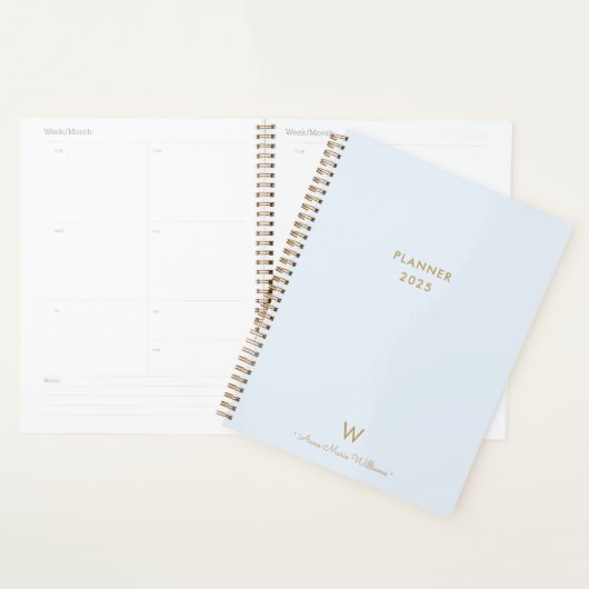 Moderne Light Dusty Blue Gold Script-monogram Planner (Display)