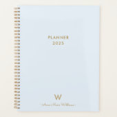 Moderne Light Dusty Blue Gold Script-monogram Planner (Voorkant)