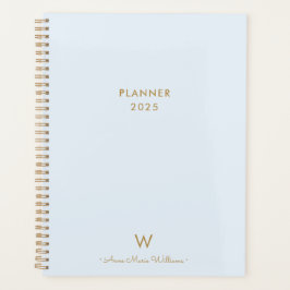 Moderne Light Dusty Blue Gold Script-monogram Planner