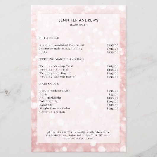 Moderne Lightpink Glitter Salon Prijslijst  Flyer (Voorkant)
