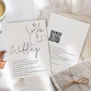 Moderne lijn Art Faces Black White QR Wedding Kaart