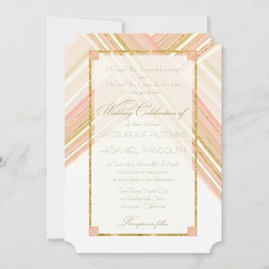 Moderne lijnen Art Deco Blush Goud Glitter Bruilof Kaart (Voorkant)