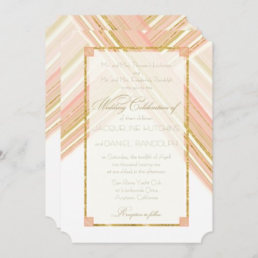 Moderne lijnen Art Deco Blush Goud Glitter Bruilof Kaart (Voorkant / Achterkant)