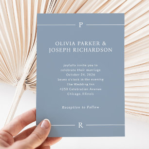 Moderne Lijnen en Monogram   Dusty Blue Wedding Kaart