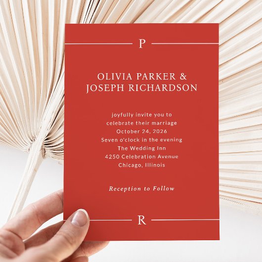Moderne Lijnen en Monogram | Poppy Red Wedding Kaart