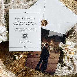 Moderne lijnen en monogram witte QR-code en foto Save The Date