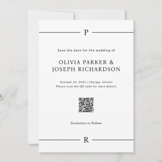 Moderne lijnen en monogram witte QR-code en foto Save The Date (Voorkant)