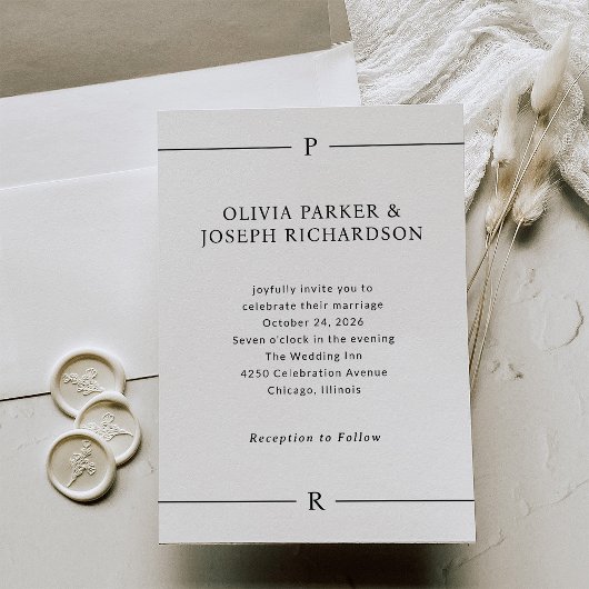 Moderne Lijnen en Monogram Zwart-wit Bruiloft Kaart