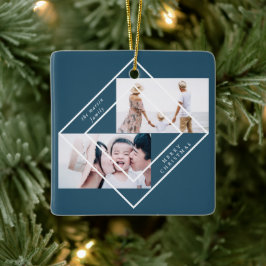 Moderne Lijst Blue Two Photo Merry Kerstmis Keramisch Ornament