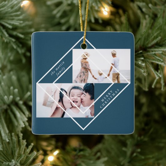 Moderne Lijst Blue Two Photo Merry Kerstmis Keramisch Ornament (Boom)